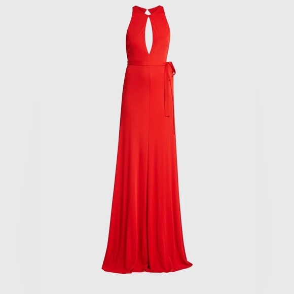 HALSTON RED SLEEVELESS OPEN-BACK MATTE JERSEY GOWN SIZE 16 - Picture 8 of 10
